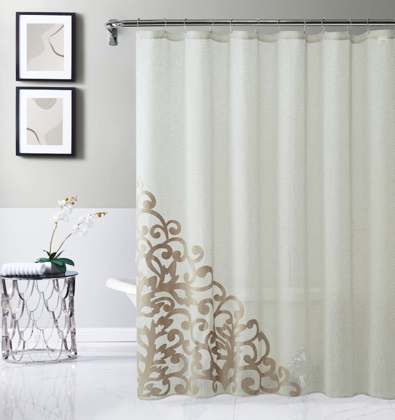 Dainty Home Natalie 3D Solid Linen Look Textured Scroll Velvet Appliqué Designed Fabric Shower Curtain