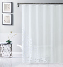 Load image into Gallery viewer, Dainty Home Natalie 3D Solid Linen Look Textured Scroll Velvet Appliqué Designed Fabric Shower Curtain
