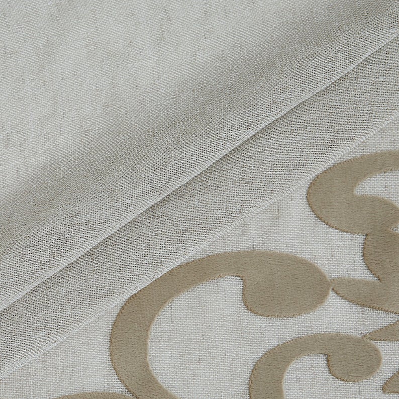 Dainty Home Natalie 3D Solid Linen Look Textured Scroll Velvet Appliqué Designed Fabric Shower Curtain