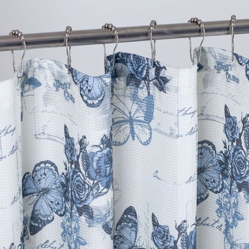 Dainty Home 13 Piece Butterflies Printed Waffle Weave Textured Shower Curtain And 12 Metal Rollerball Hooks