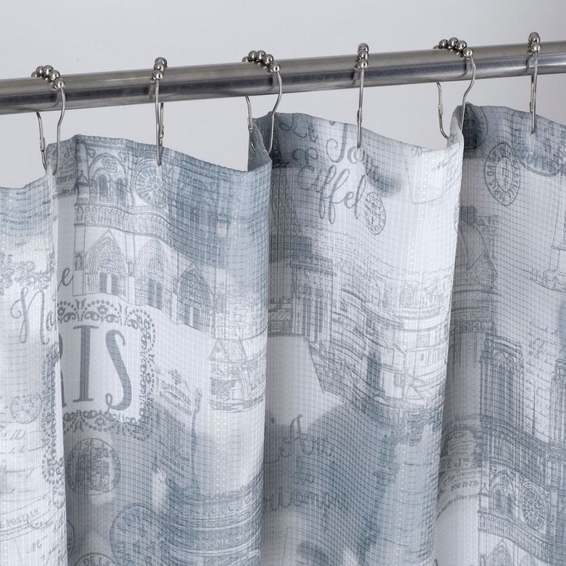 Dainty Home 13 Piece Paris Printed Waffle Weave Textured Shower Curtain And 12 Metal Rollerball Hooks