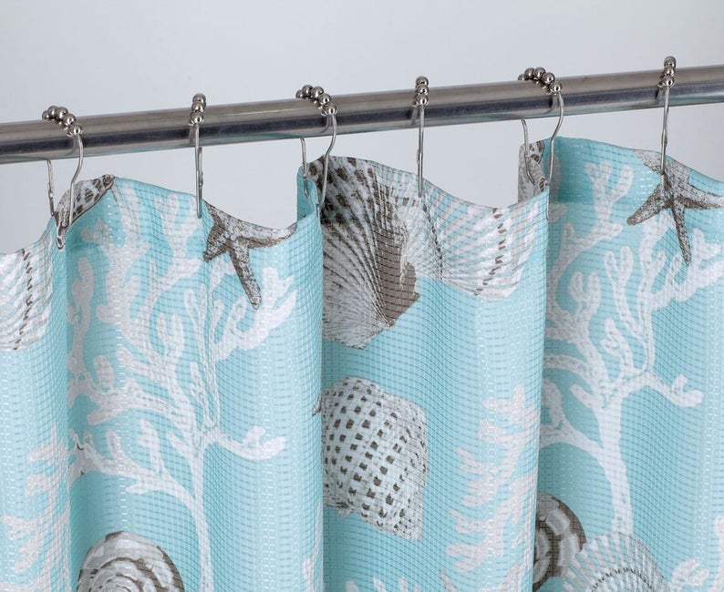 Dainty Home 13 Piece Under The Sea Printed Waffle Weave Textured Shower Curtain And 12 Metal Rollerball Hooks