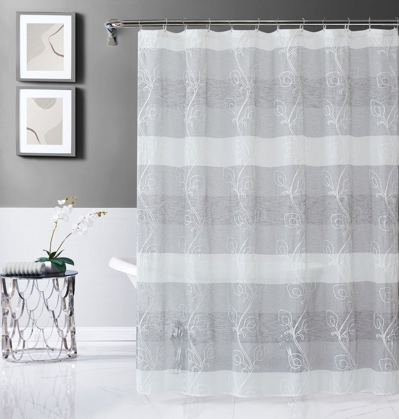 Dainty Home SIlvia 3D Gradient Ombre Linen Look Fabric Textured Floral 3D Chenille Designed Fabric Shower Curtain