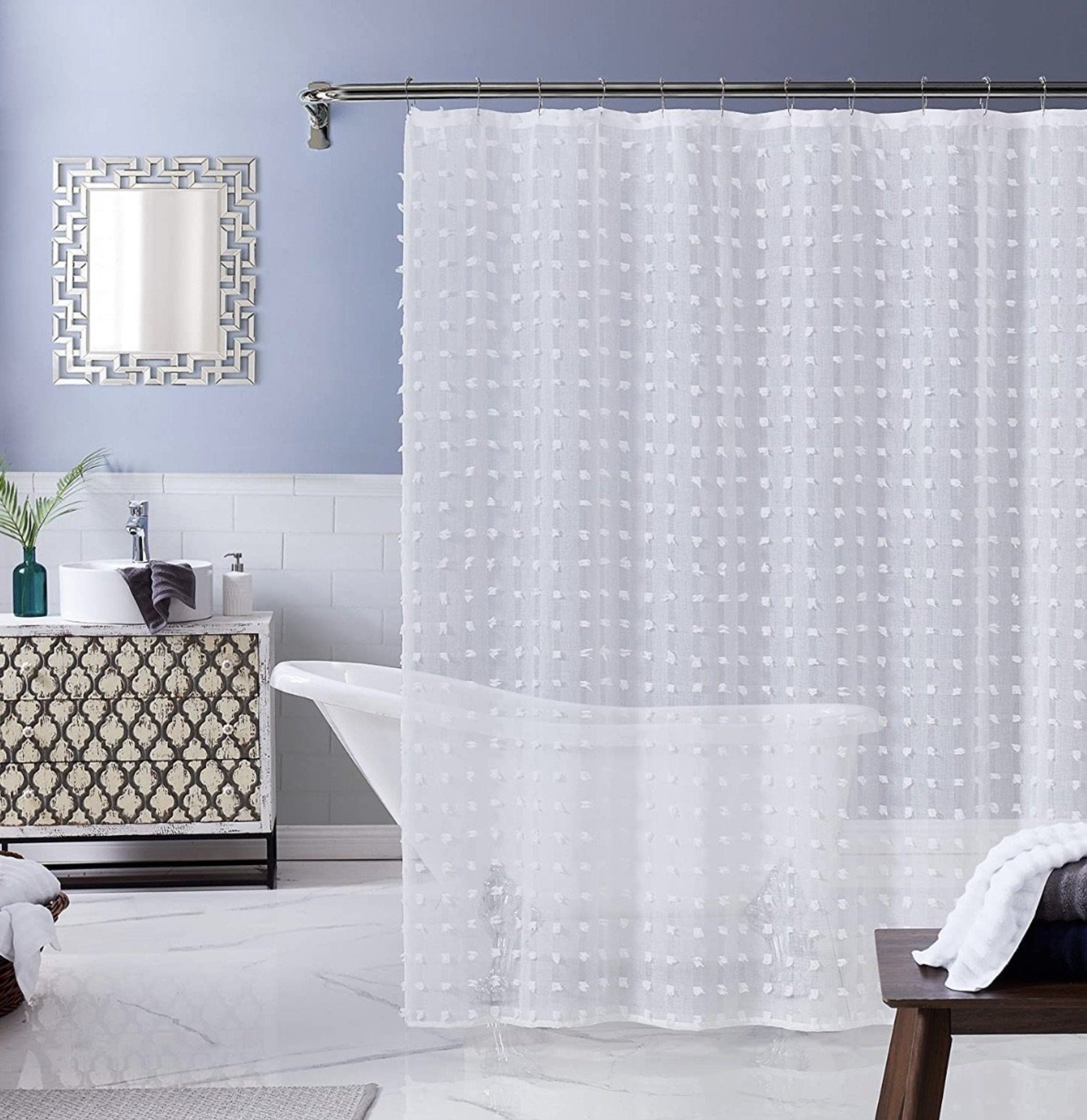 Dainty Home Cut Flower Modern 3D Linen-Look Shower Curtain With 3D Cotton Like Puffs
