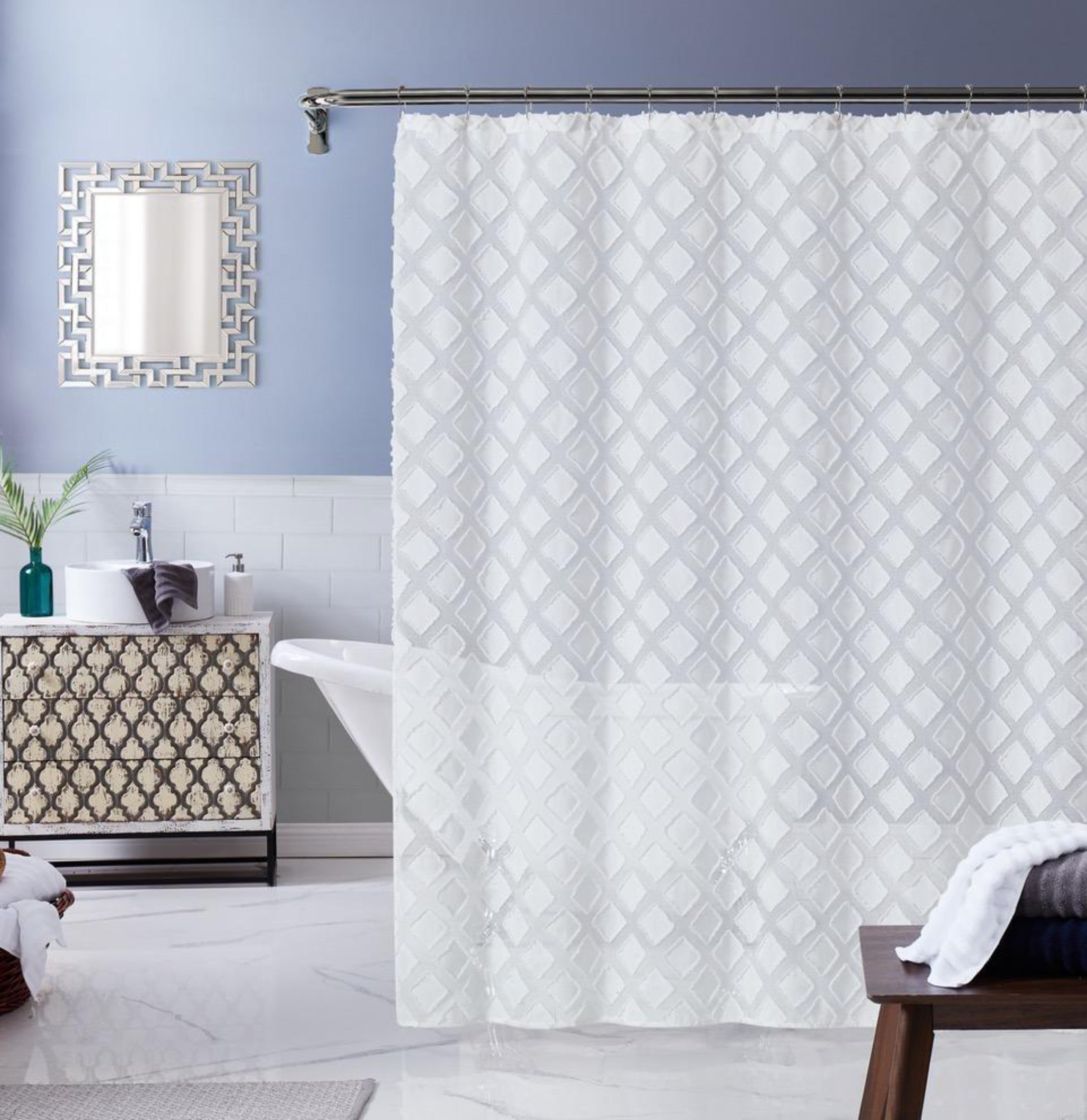 Dainty Home Katie Modern 3D Diamond Textured Embroidered Designed Linen-Look Fabric Shower Curtain