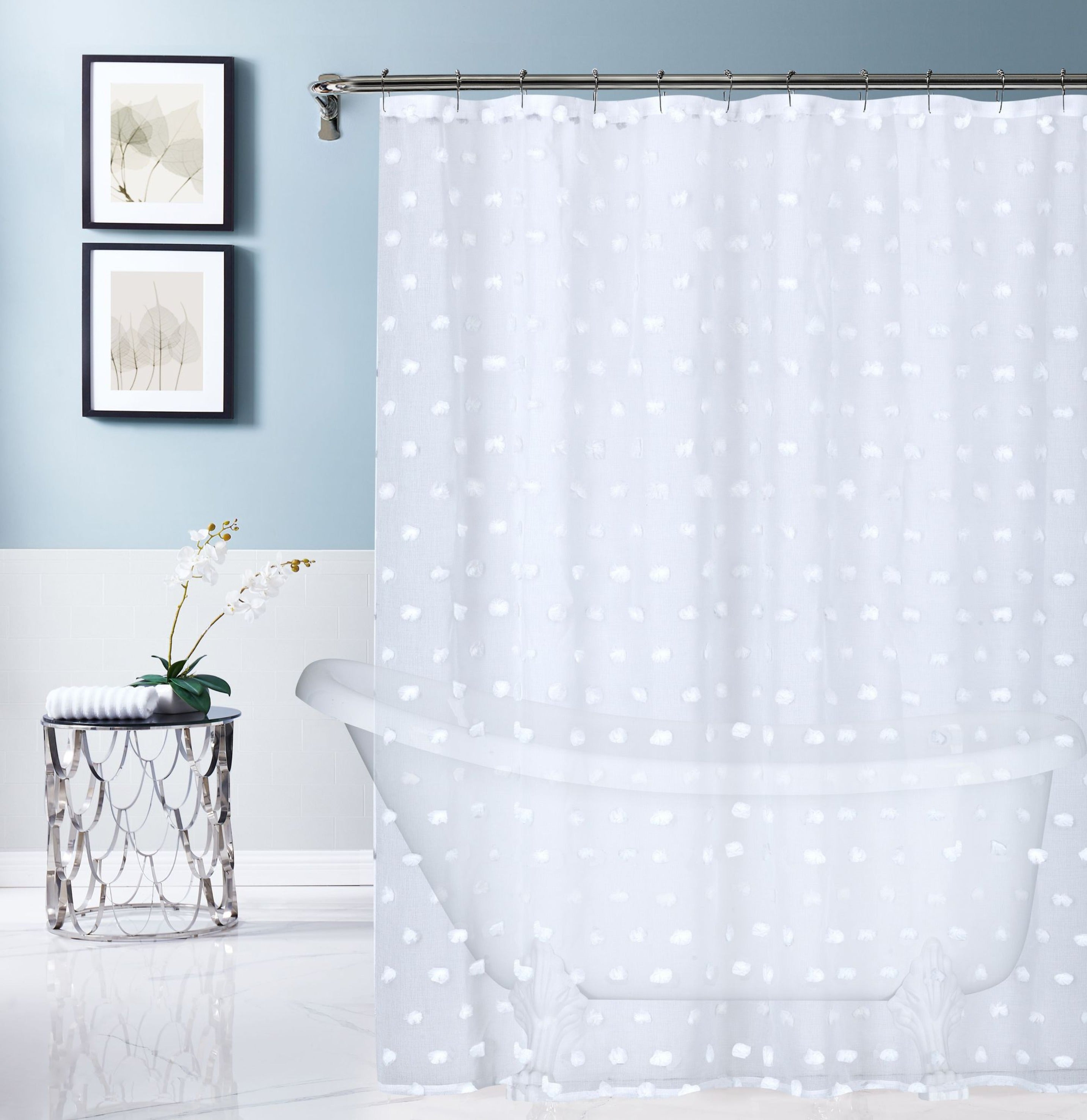 Dainty Home Oliana Modern 3D Linen-Look Shower Curtain With 3D Ombre Cotton Like Puffs